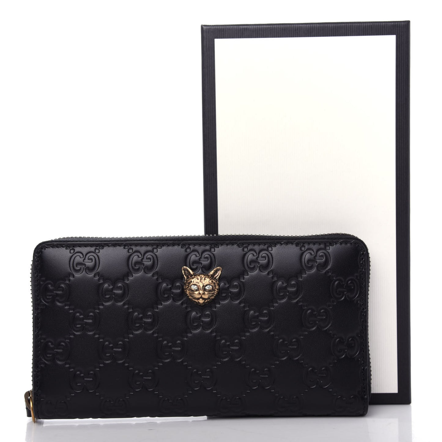 Guccissima Signature Crystal Cat Zip Around Wallet Black