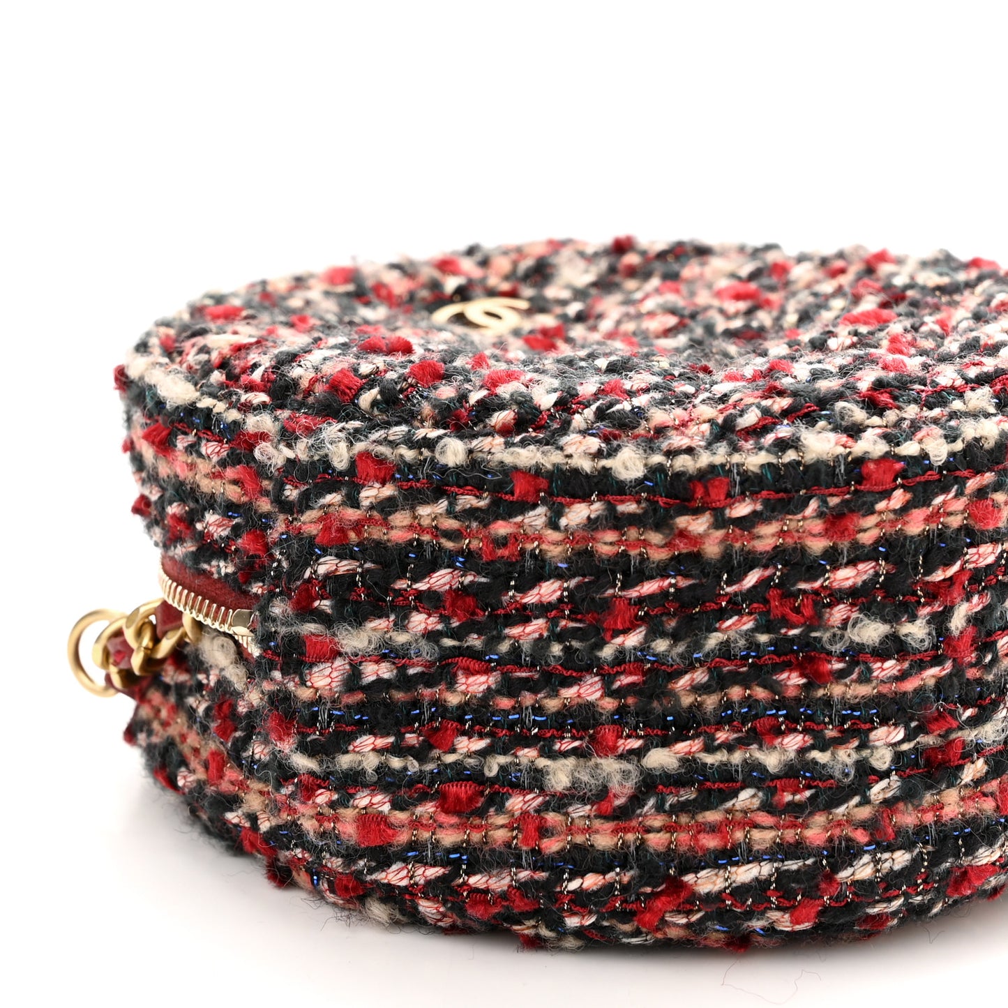 Tweed Quilted Round Clutch With Chain Red