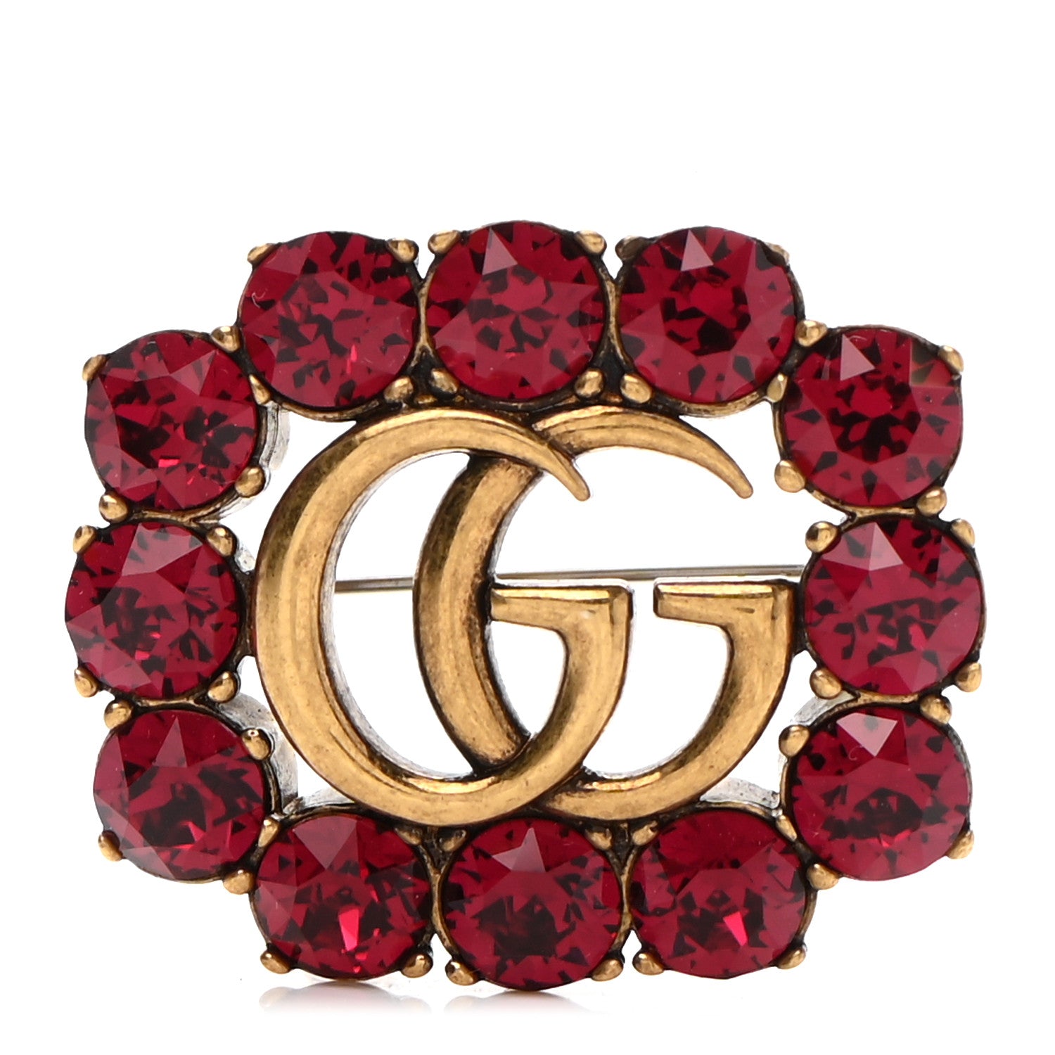 Gucci Metal Crystal Double G Brooch Aged Gold Red 1 of 6