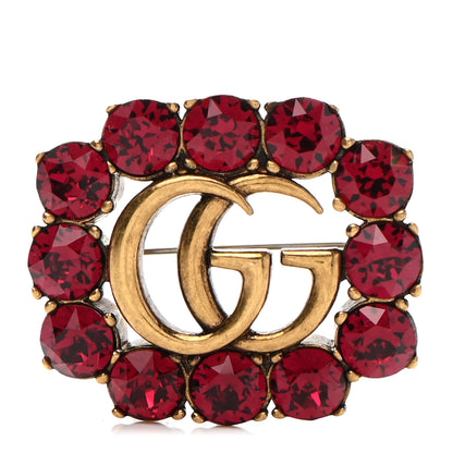 Gucci Metal Crystal Double G Brooch Aged Gold Red 1 of 6
