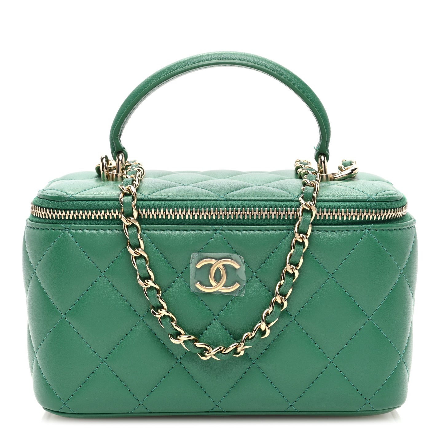 Lambskin Quilted Small Top Handle Vanity Case With Chain Green
