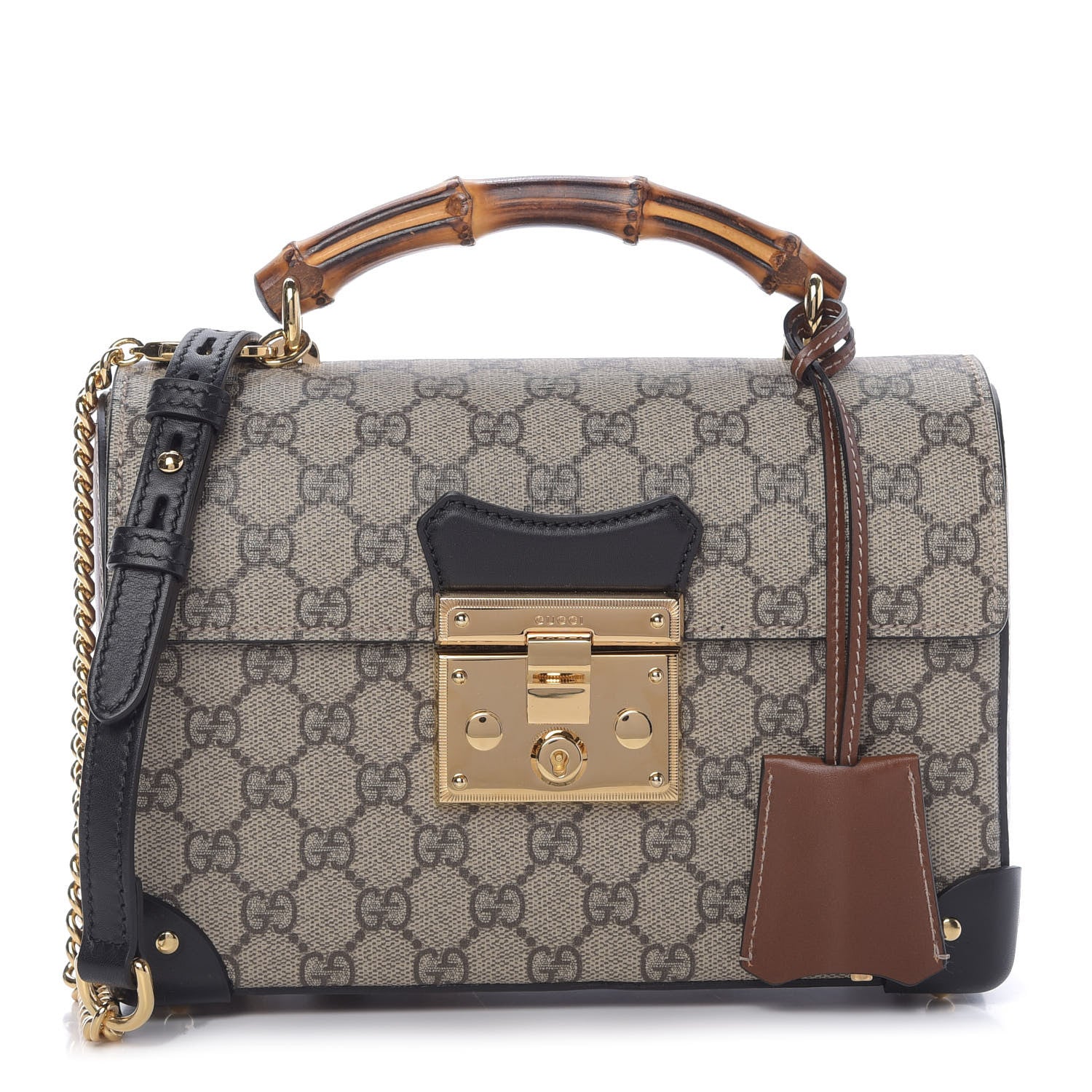 Gucci GG Supreme Monogram Small Padlock Bamboo Shoulder Bag Beige Black Cuir 1 of 9