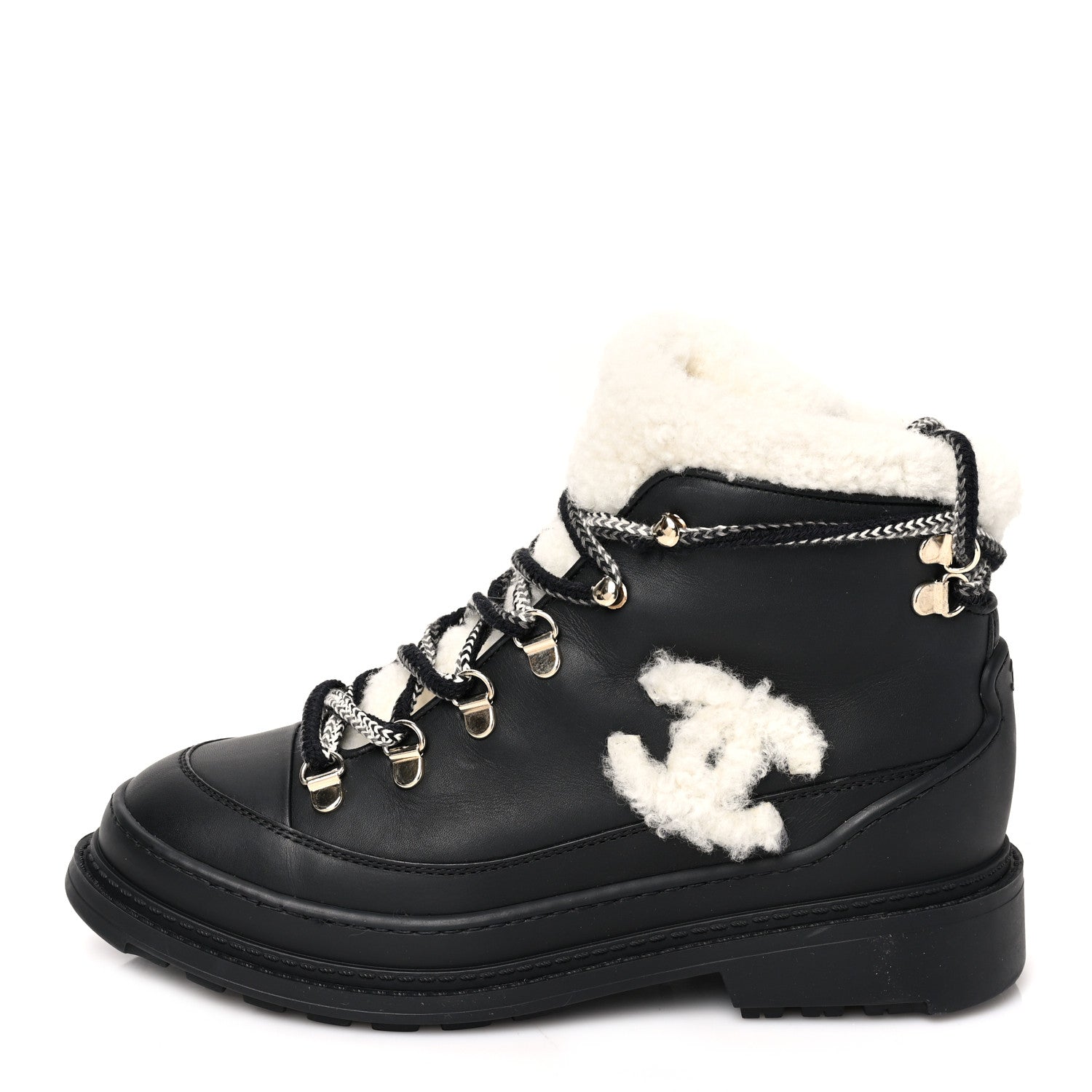 Chanel Calfskin Shearling CC Lace Up Boots 36 Black 1 of 6