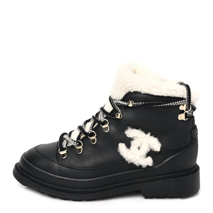 Chanel Calfskin Shearling CC Lace Up Boots 36 Black 1 of 6