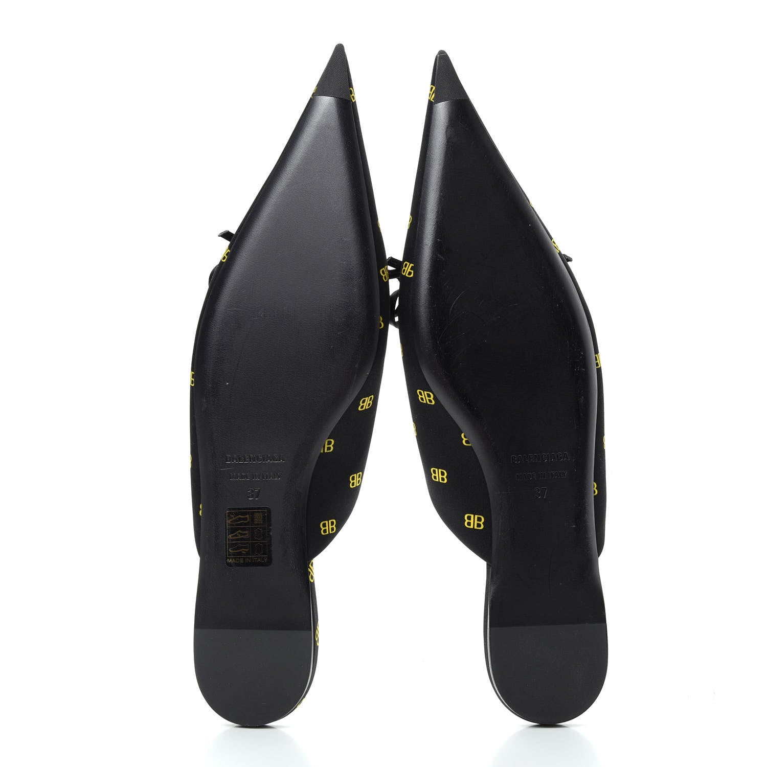 Balenciaga Crepe Satin BB Printed Pointy Toe Knife Flat Mules 37 Black Yellow Fluo 6 of 10