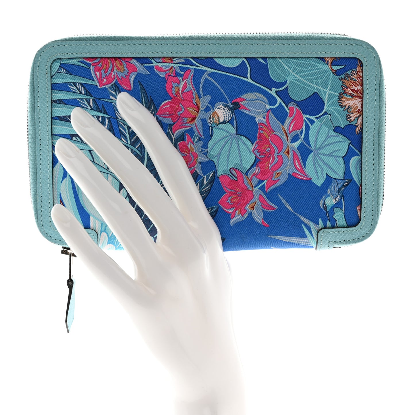 Epsom Printed Silk Flamingo Party Soie-Cool Wallet Mykonos Bleu Atoll