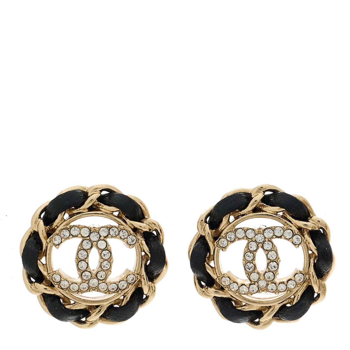 Crystal Lambskin Chain CC Stud Earrings Black Gold