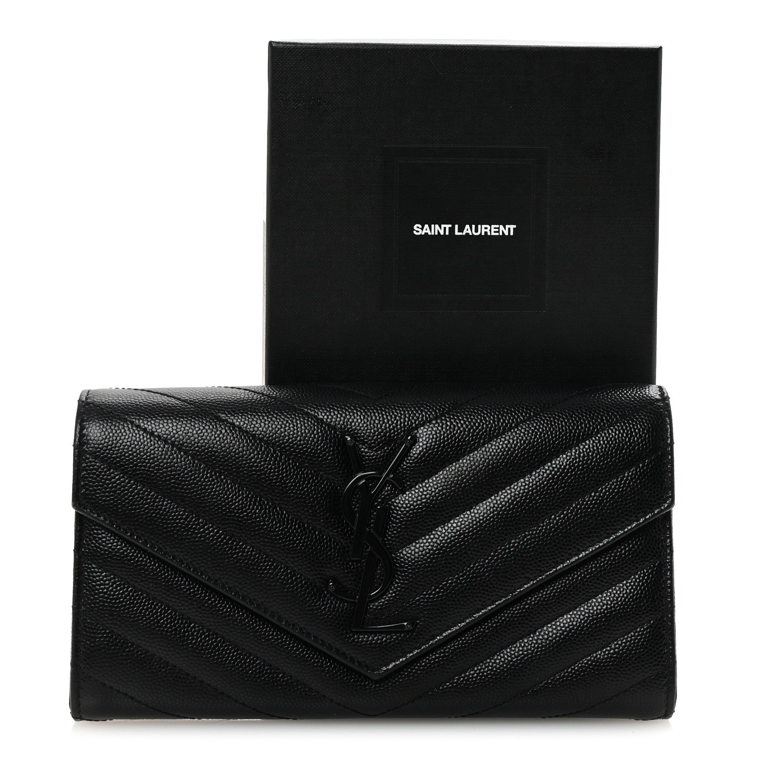 Saint Laurent Grain De Poudre Matelasse Chevron Monogram Flap Wallet Black 7 of 7