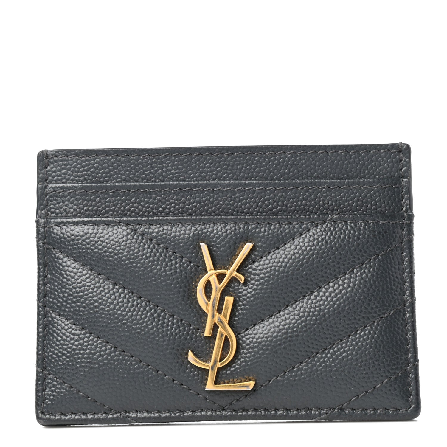 Saint Laurent Grain De Poudre Matelasse Chevron Monogram Credit Card Case Coal 1 of 6