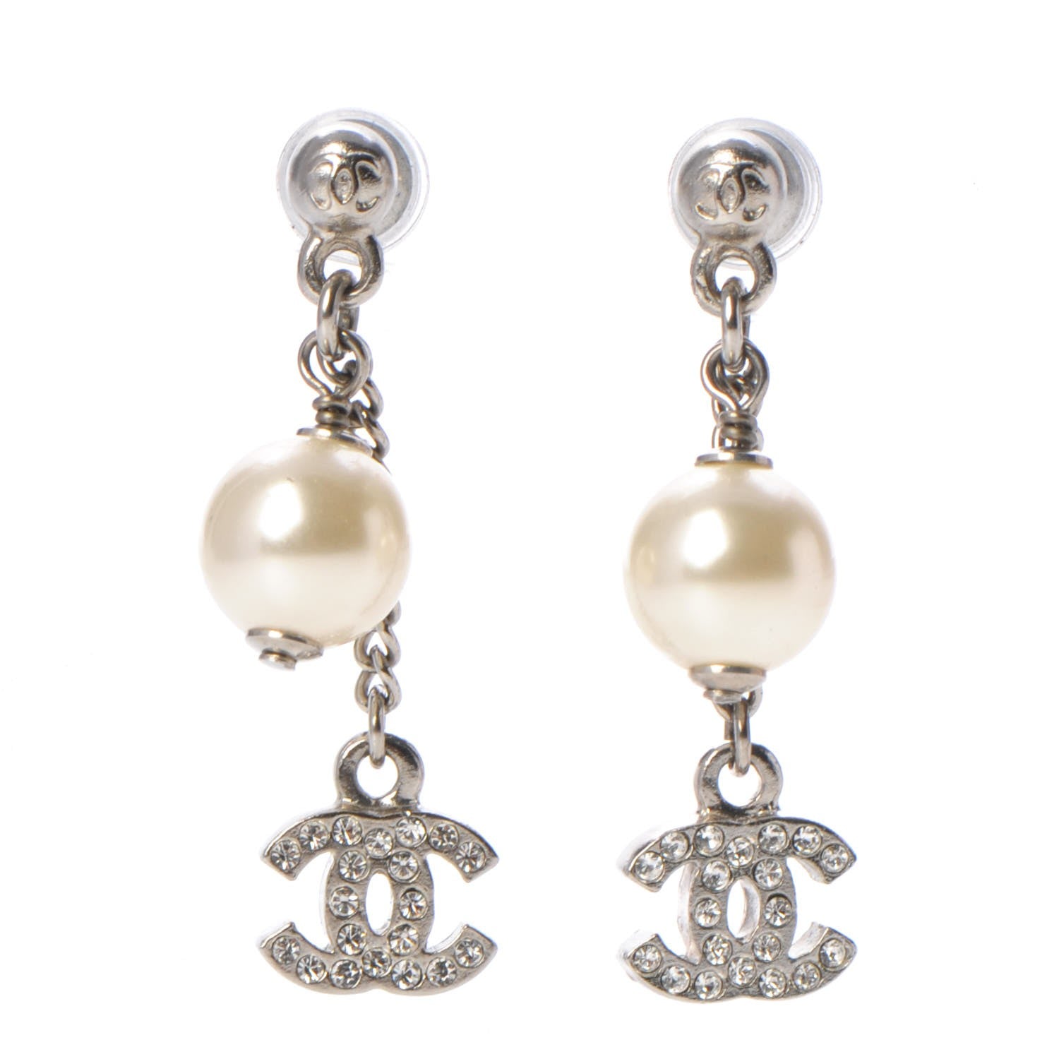 Chanel Crystal Pearl CC Drop Earrings Silver 1 of 4
