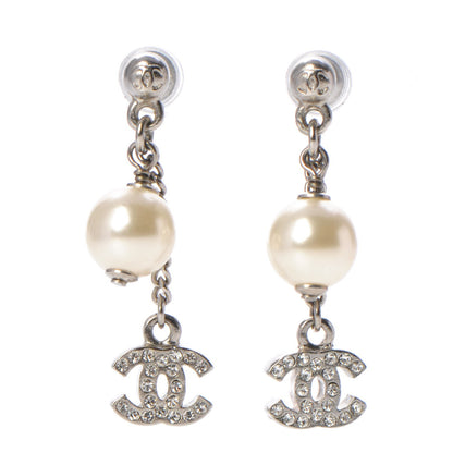 Chanel Crystal Pearl CC Drop Earrings Silver 1 of 4