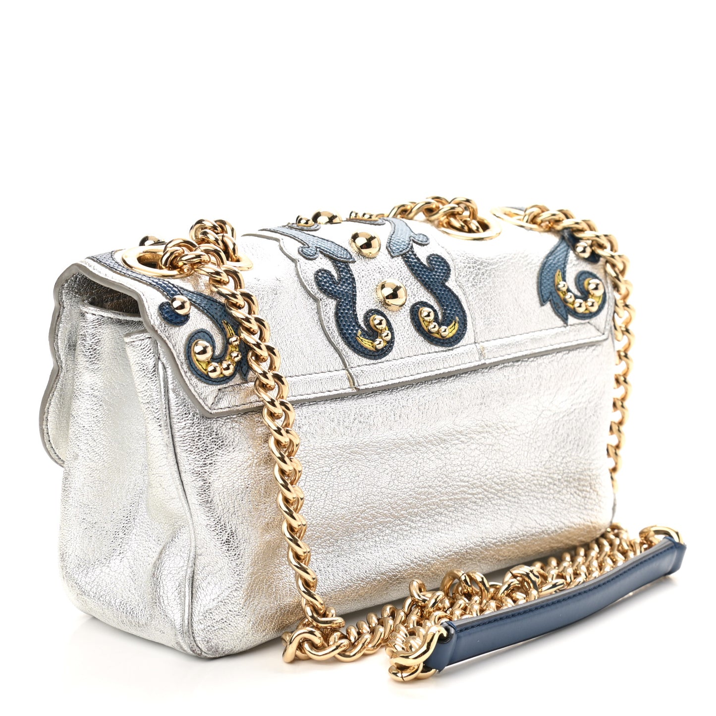 Metallic Calfskin Crystal Embellished Lucia Shoulder Bag Silver Multicolor