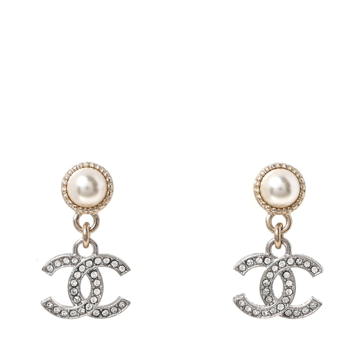 Chanel Crystal Pearl CC Pendant Earrings Silver Gold Pearly White 1 of 5