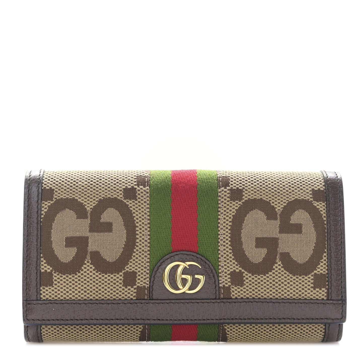 Monogram Jumbo GG Textured Dollar Calfskin Web Ophidia Continental Wallet Camel Ebony New Acero