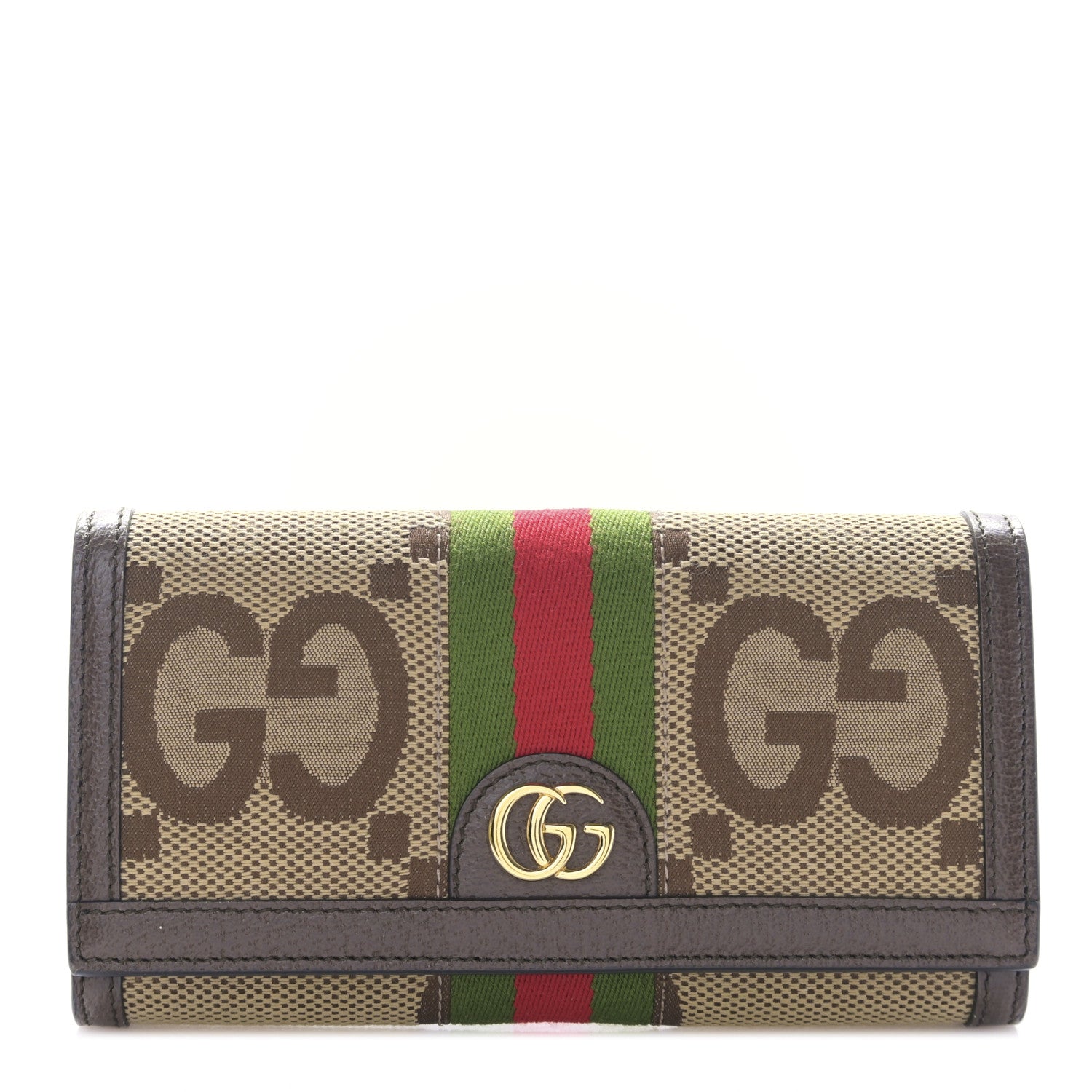 Gucci Monogram Jumbo GG Textured Dollar Calfskin Web Ophidia Continental Wallet Camel Ebony New Acero 1 of 10