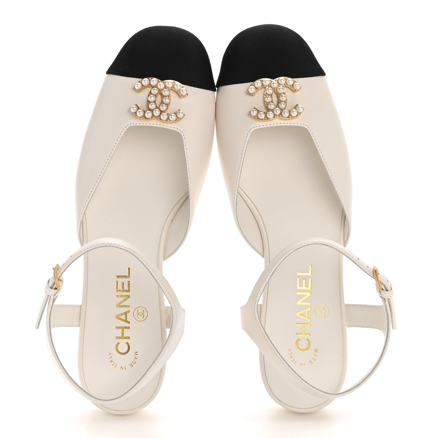 Chanel Lambskin Grosgrain Cap Toe Pearl CC Mary Jane Slingback Flats 38 Black White 2 of 10