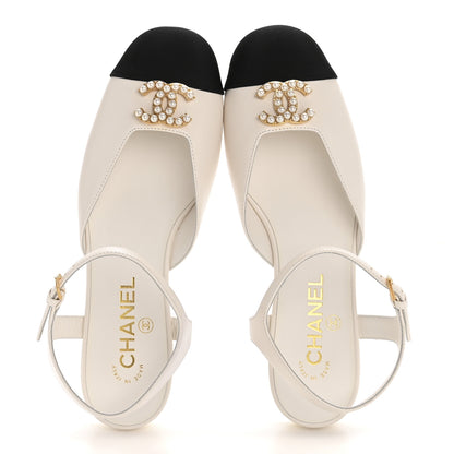 Chanel Lambskin Grosgrain Cap Toe Pearl CC Mary Jane Slingback Flats 38 Black White 2 of 10
