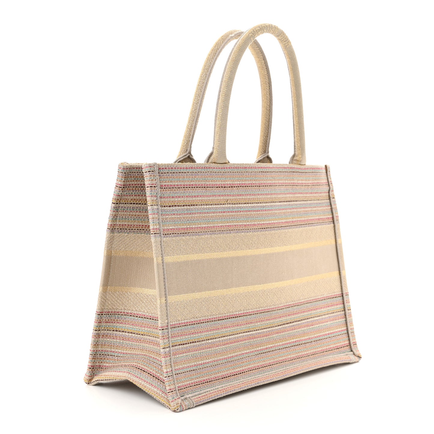 Canvas Embroidered Medium Stripes Book Tote Beige Multicolor