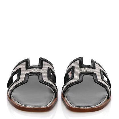Hermes Calfskin Canvas Oran Sandals 38 Black 2 of 12