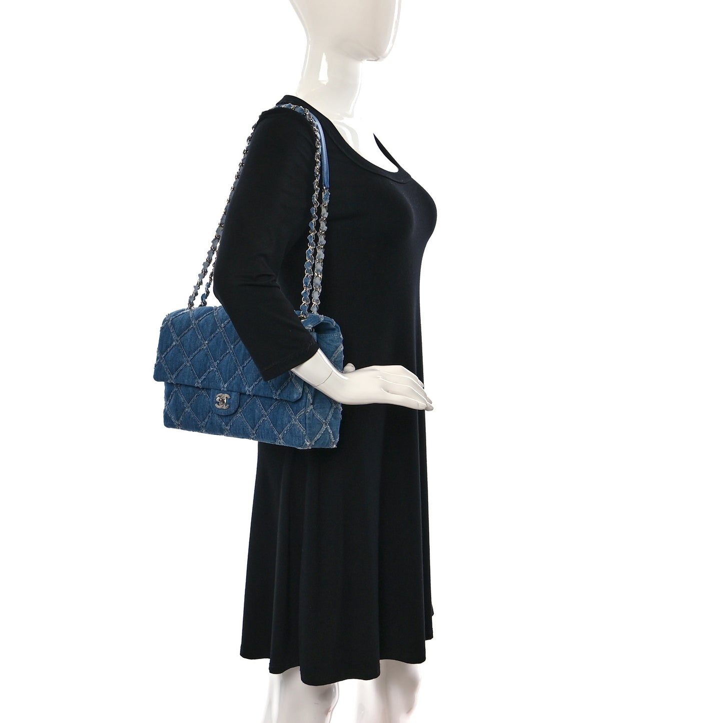 Frayed Denim Quilted Large Blue Chip Flap Blue