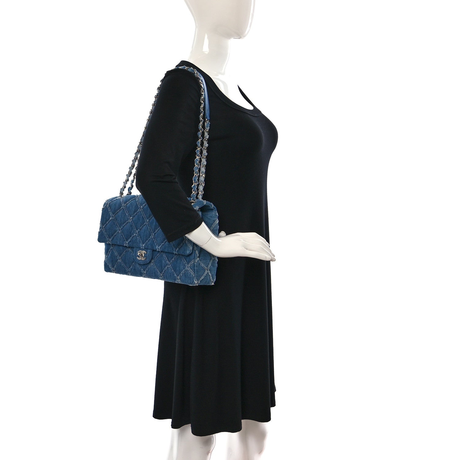 Chanel Frayed Denim Quilted Large Blue Chip Flap Blue 2 of 9