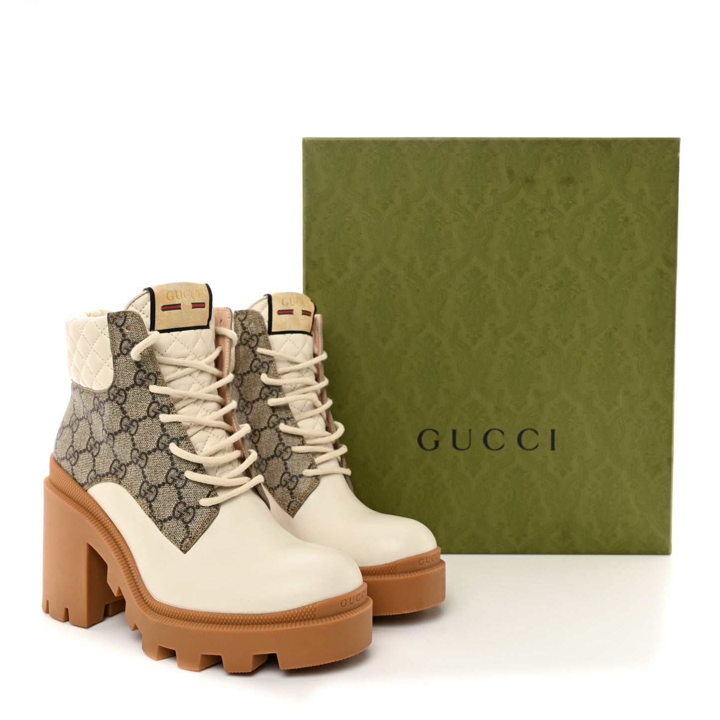 Calfskin GG Supreme Monogram Nappa Quilted Lace Up Ankle Boots 39 Mystic White Beige