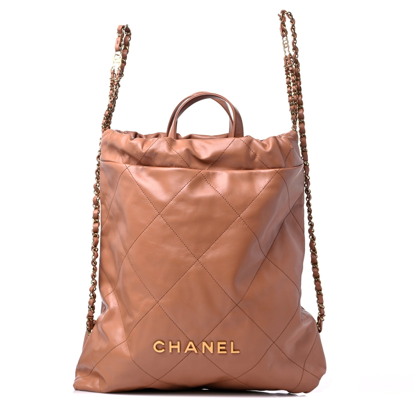 Shiny Calfskin Quilted Chanel 22 Backpack Camel