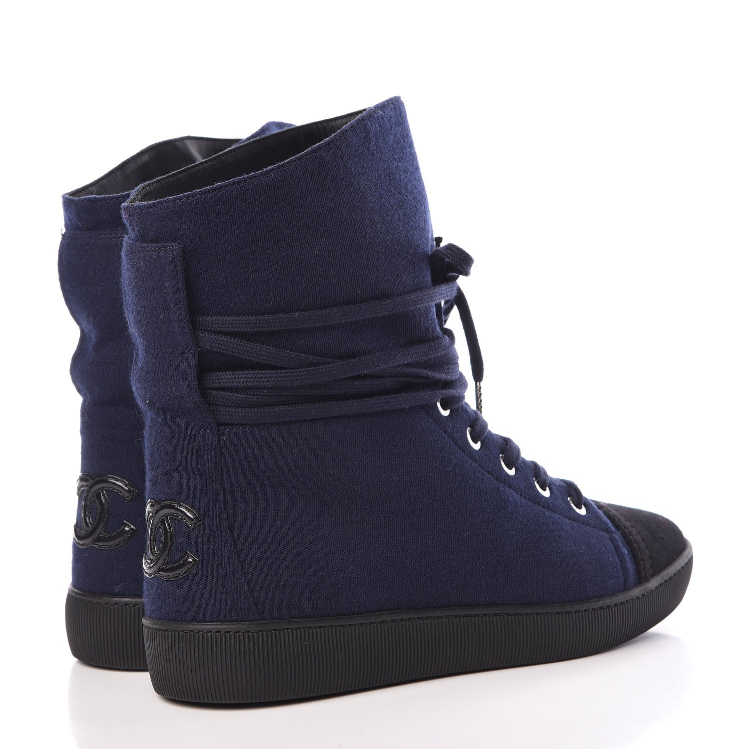 Chanel Jersey Lace Up High Top Sneakers 38.5 Black Navy 4 of 8