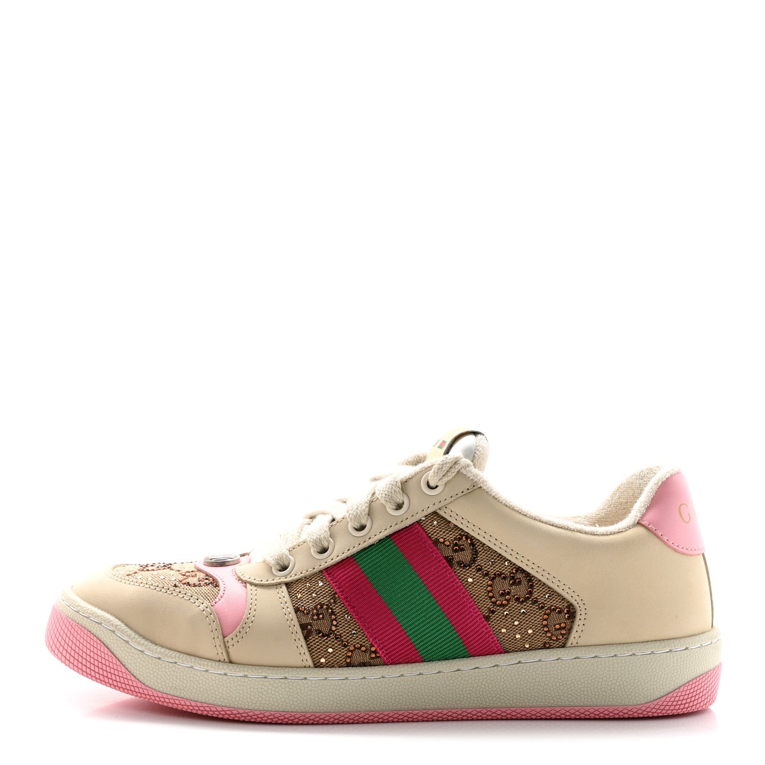 Gucci New GG Monogram Nubuck Web Crystal Embellished Womens Screener Sneakers 37 Camel Ebony Wild Rose 1 of 13