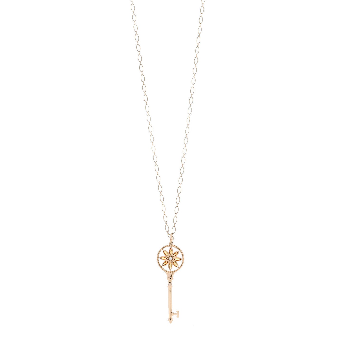 18K Yellow Gold Diamond Citrine Small Daisy Key Pendant Necklace