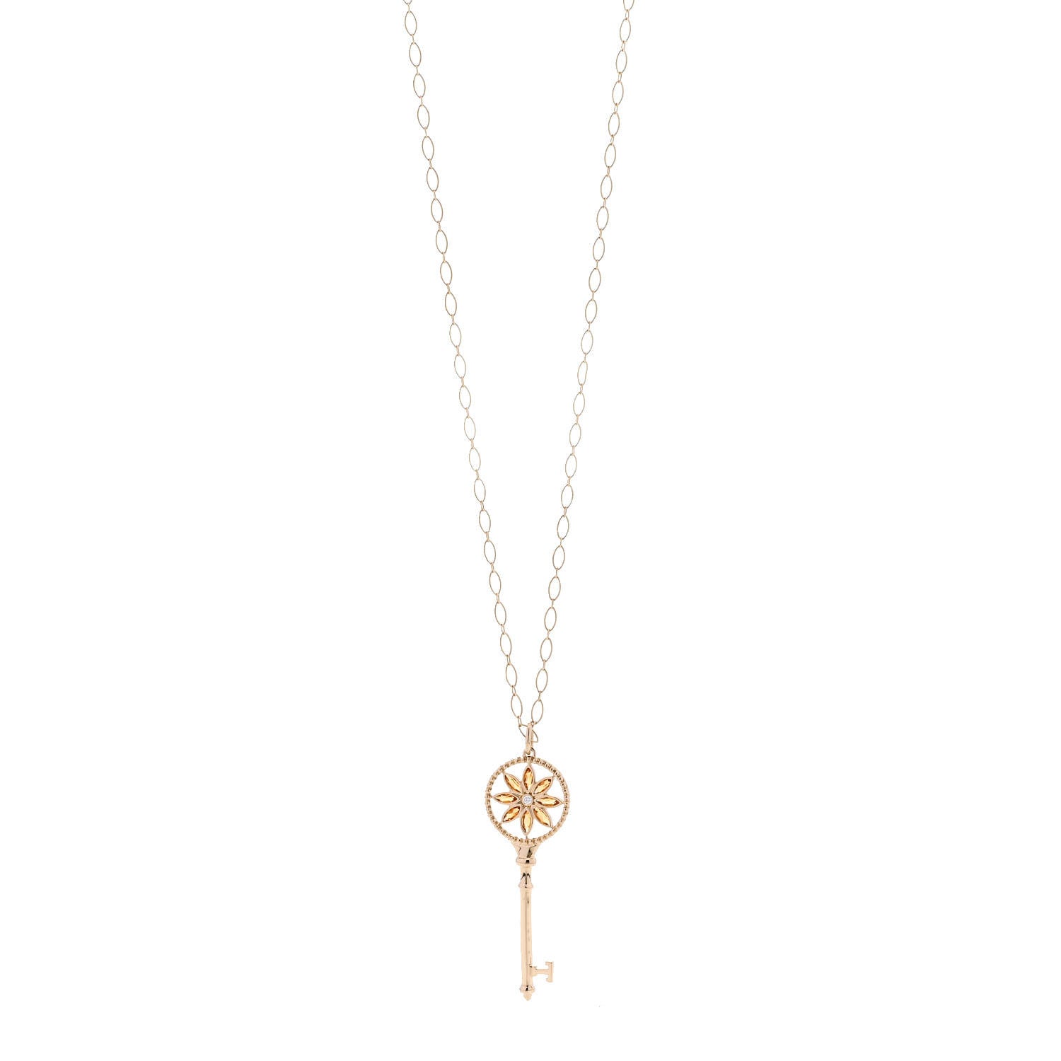 Tiffany 18K Yellow Gold Diamond Citrine Small Daisy Key Pendant Necklace 1 of 5