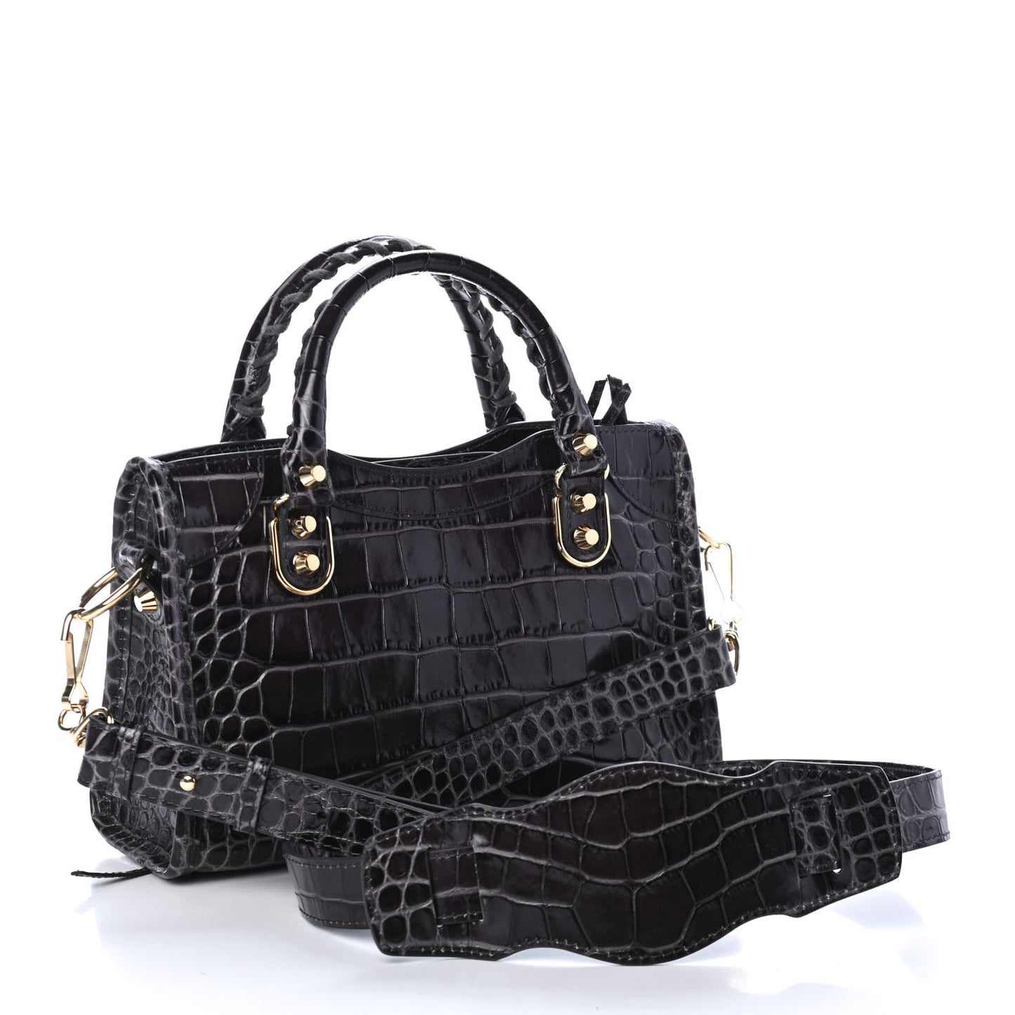 Shiny Supple Calfskin Crocodile Embossed Gold Metallic Edge Hardware Mini City Dark Grey