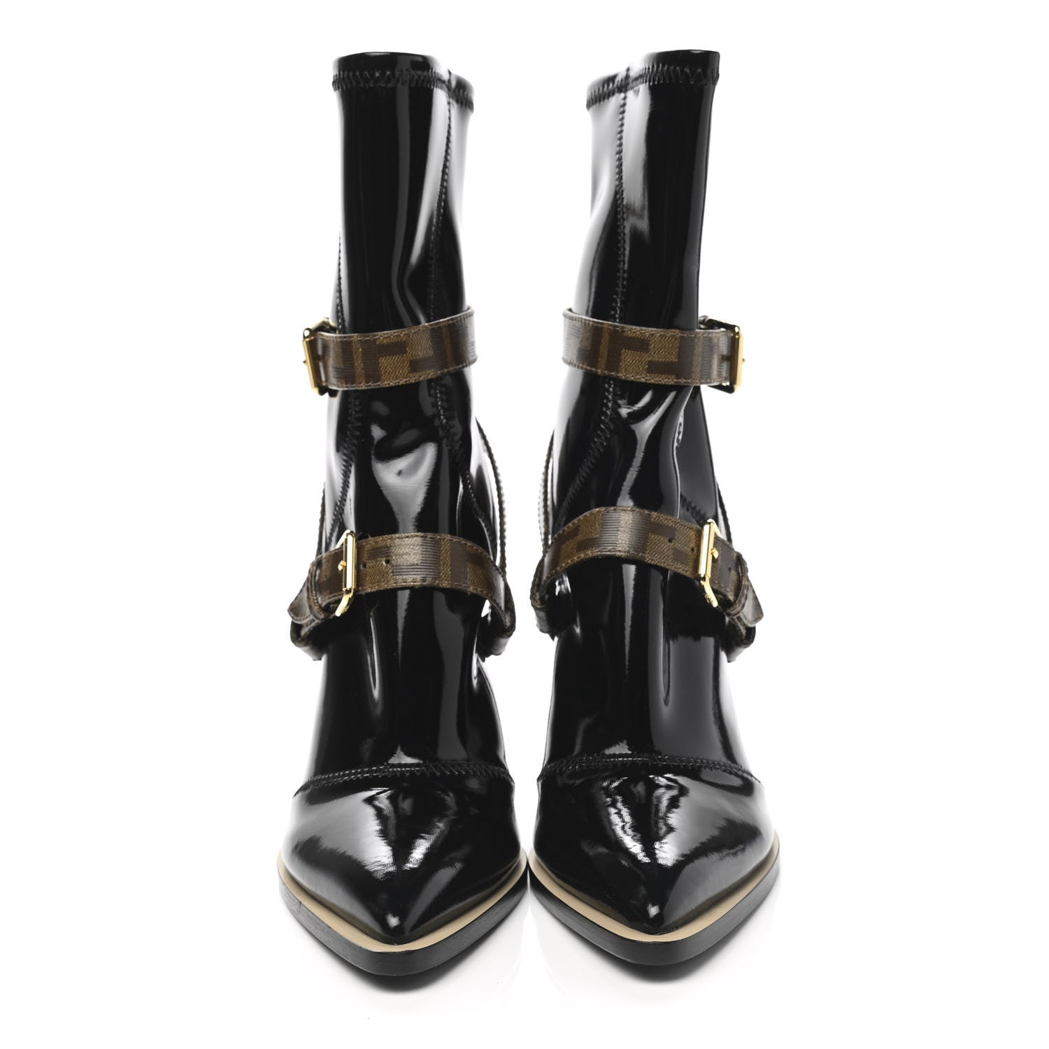 Fendi Glossy Neoprene Glazed Fabric FF FFrame Short Boots 40 Black Tobacco Moro 2 of 7