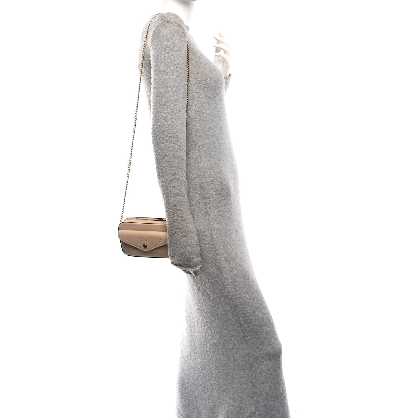 Calfskin GG Super Mini Debossed Chain Wallet Light Beige