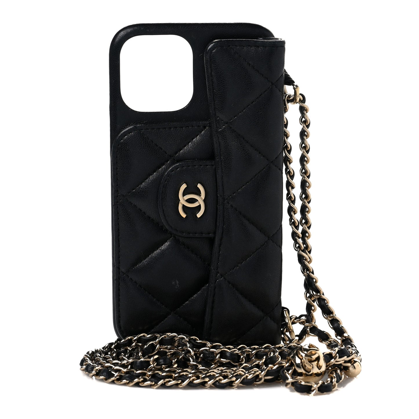 Lambskin Quilted iPhone XII Pro Holder With Chain Black