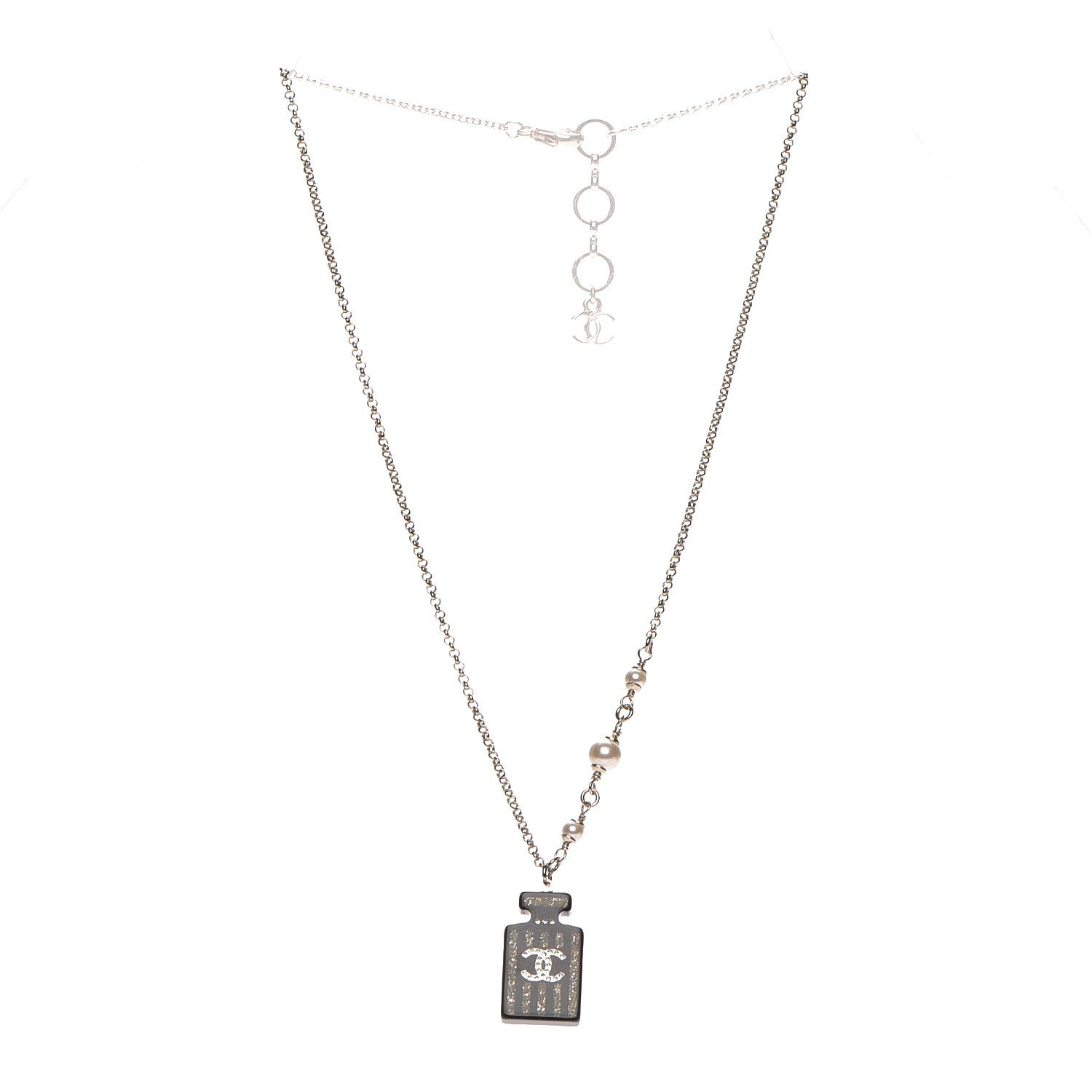 Chanel Resin Strass Perfume Bottle CC Necklace Black Gold 3 of 7