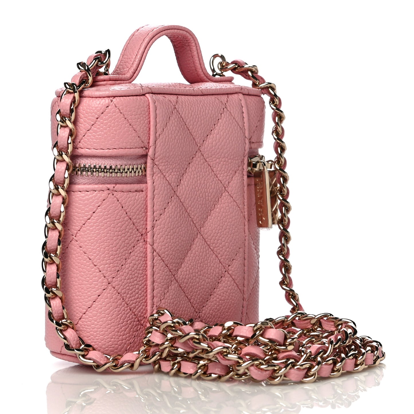 Caviar Quilted Small Handle With Care Vanity Case With Chain Pink