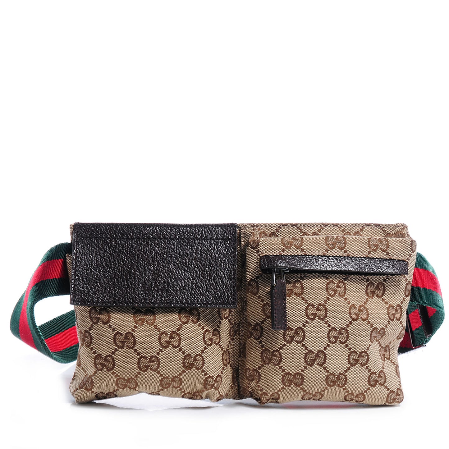 GG Monogram Web Double Pocket Belt Bag Dark Brown