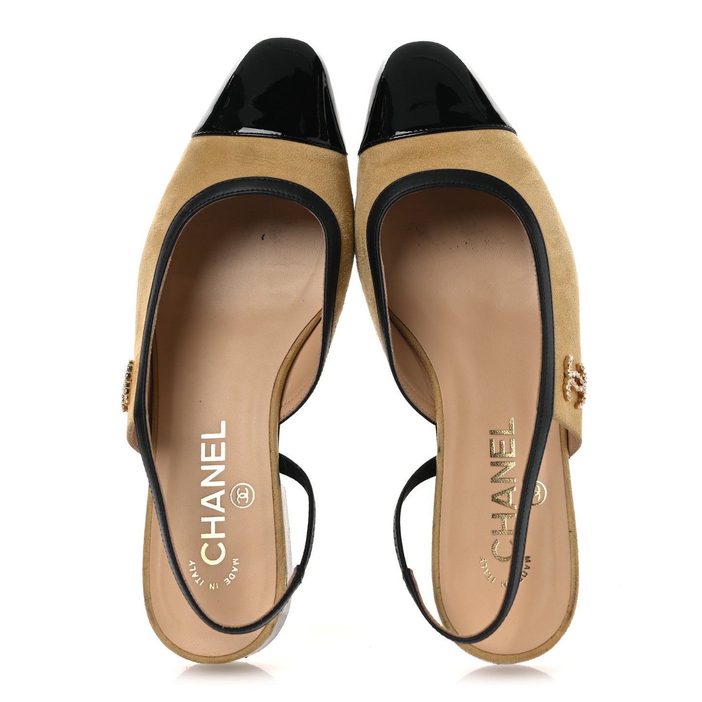 Suede Patent Crystal CC Cap Toe Slingback Flats 37 Beige Black