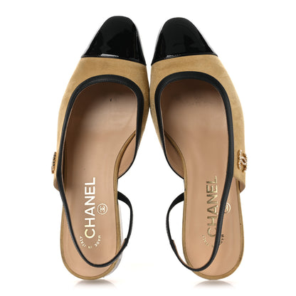 Chanel Suede Patent Crystal CC Cap Toe Slingback Flats 37 Beige Black 2 of 13