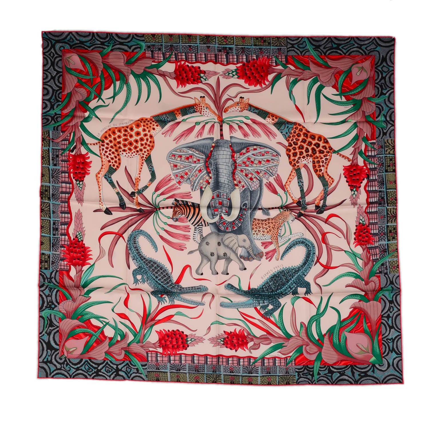Hermes Silk La Marche Du Zambeze Scarf 90 Rose Pale Rouge Vert