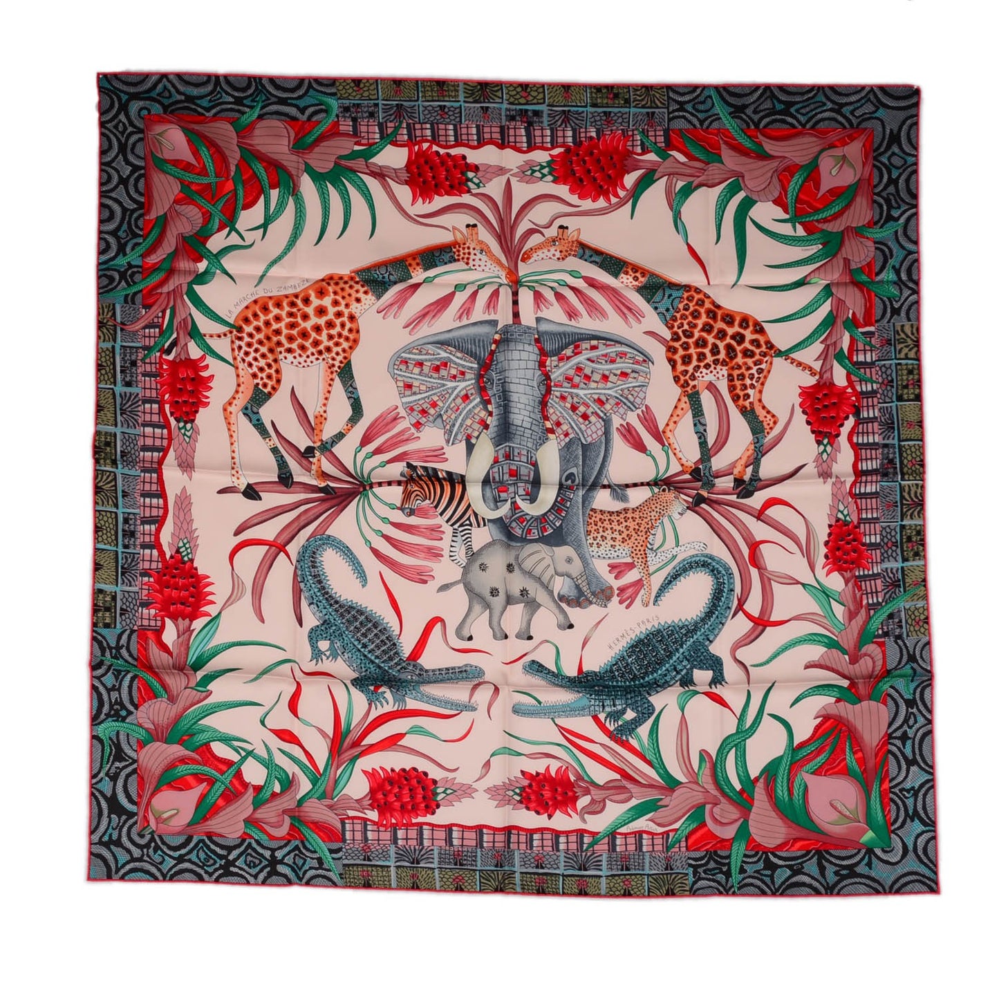 Silk La Marche Du Zambeze Scarf 90 Rose Pale Rouge Vert
