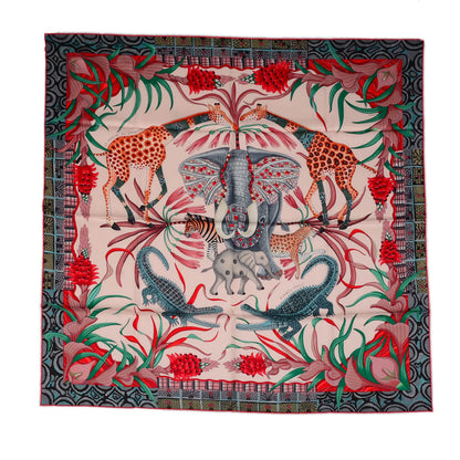 Hermes Silk La Marche Du Zambeze Scarf 90 Rose Pale Rouge Vert 2 of 8