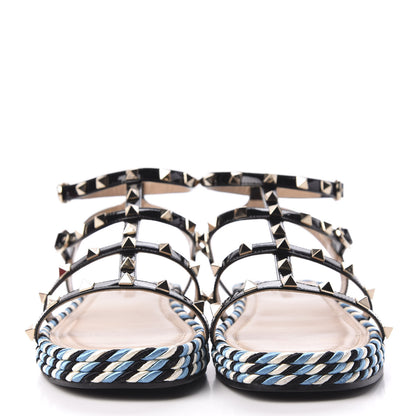 Valentino Garavani Patent Rockstud Torchon Espadrille Caged 30mm Flat Sandals 38 Black 3 of 8