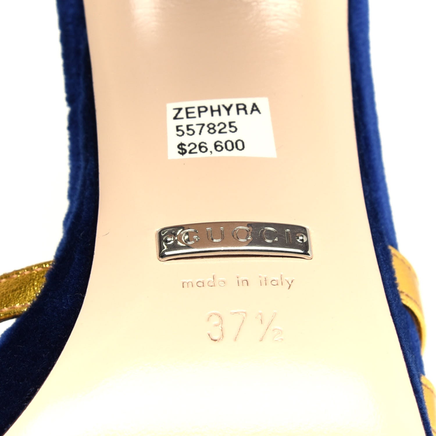 Gucci Velvet Nappa Crystal Zephyra Slingback Platform High Heel Sandals 37.5 Blue Gold 9 of 10