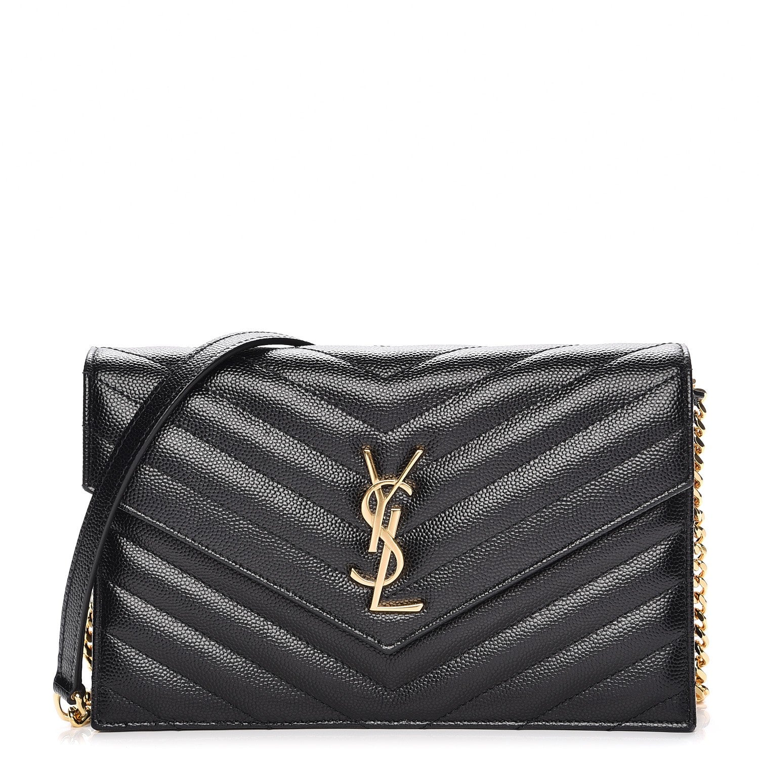 Saint Laurent Grain De Poudre Matelasse Chevron Monogram Envelope Chain Wallet Black 1 of 17