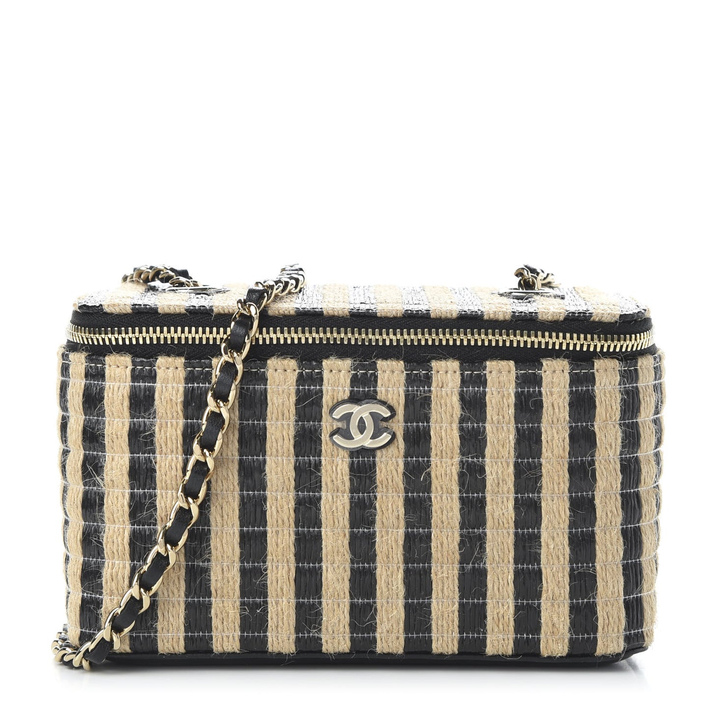 Raffia Jute Striped Small Vanity Case With Chain Black Beige