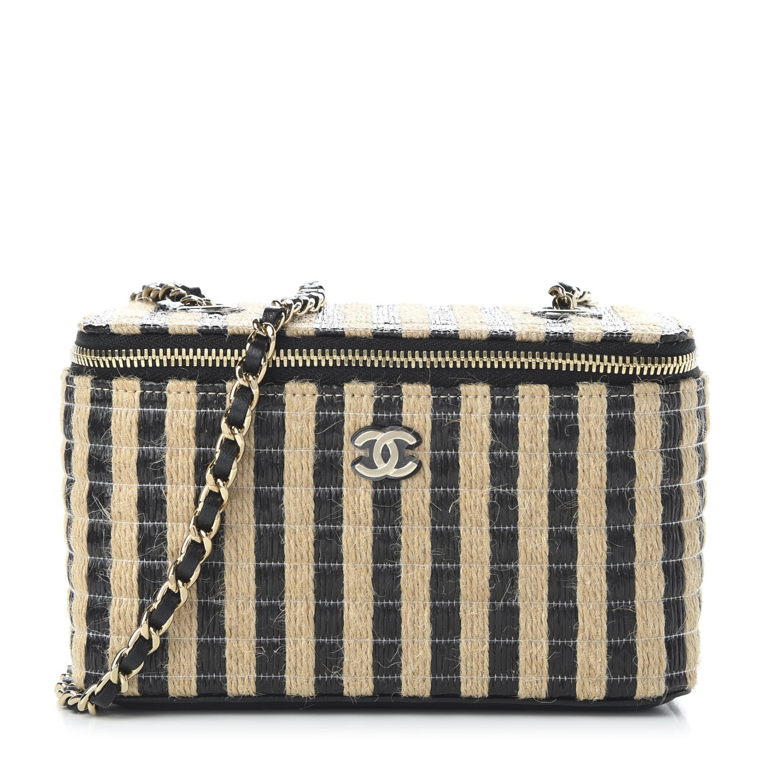 Chanel Raffia Jute Striped Small Vanity Case With Chain Black Beige 1 of 11