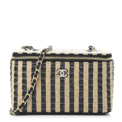 Chanel Raffia Jute Striped Small Vanity Case With Chain Black Beige 1 of 11
