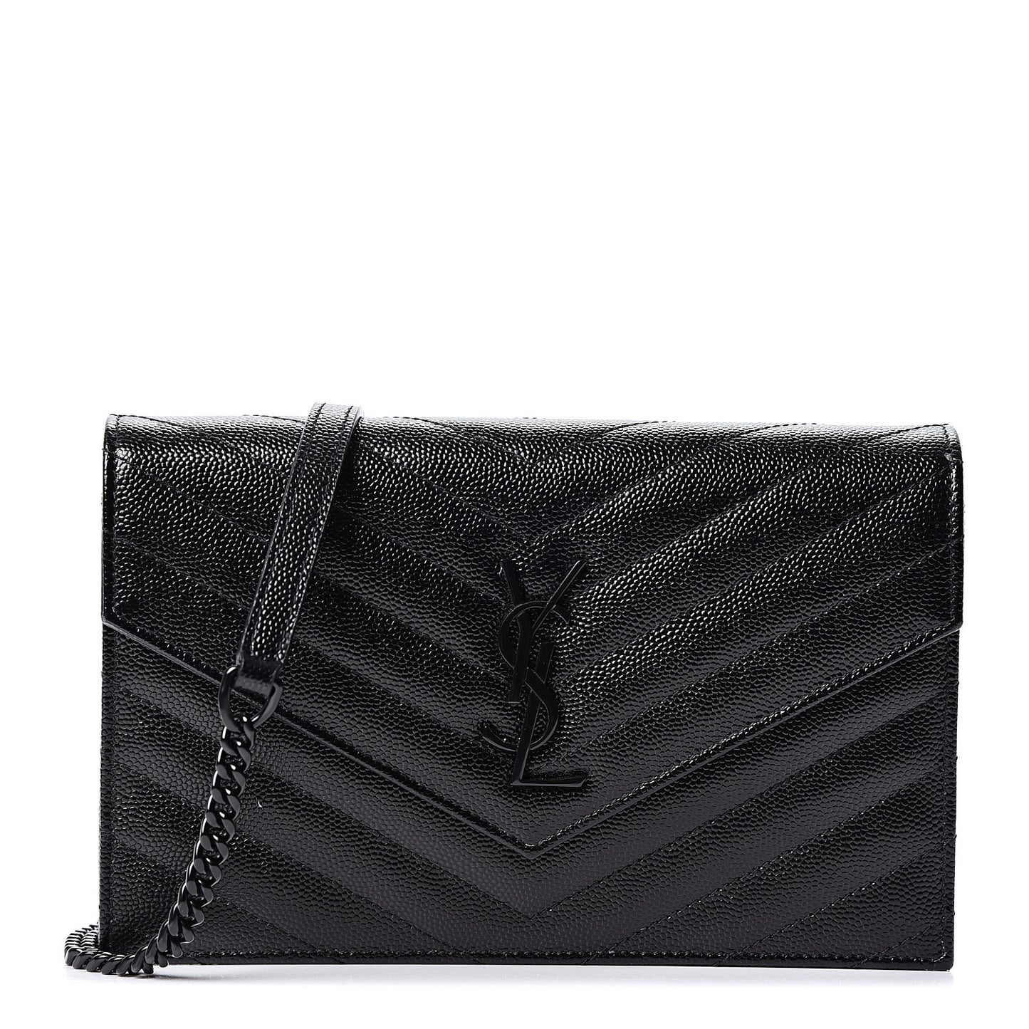 Grain De Poudre Matelasse Chevron Monogram Envelope Chain Wallet Black